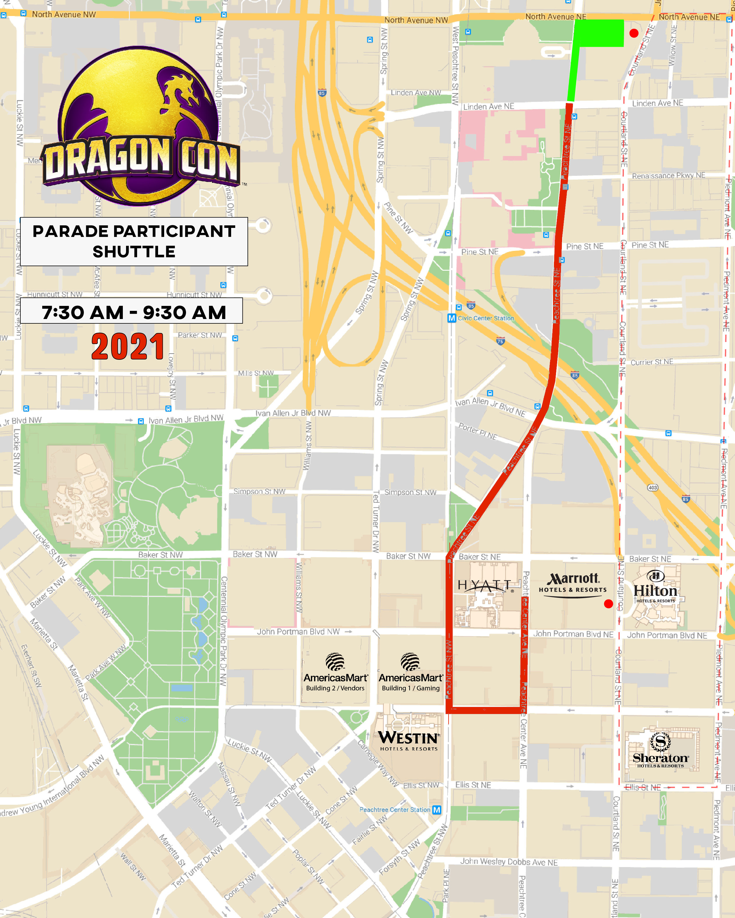 Parade Participant shuttle map 2021 - red stripe