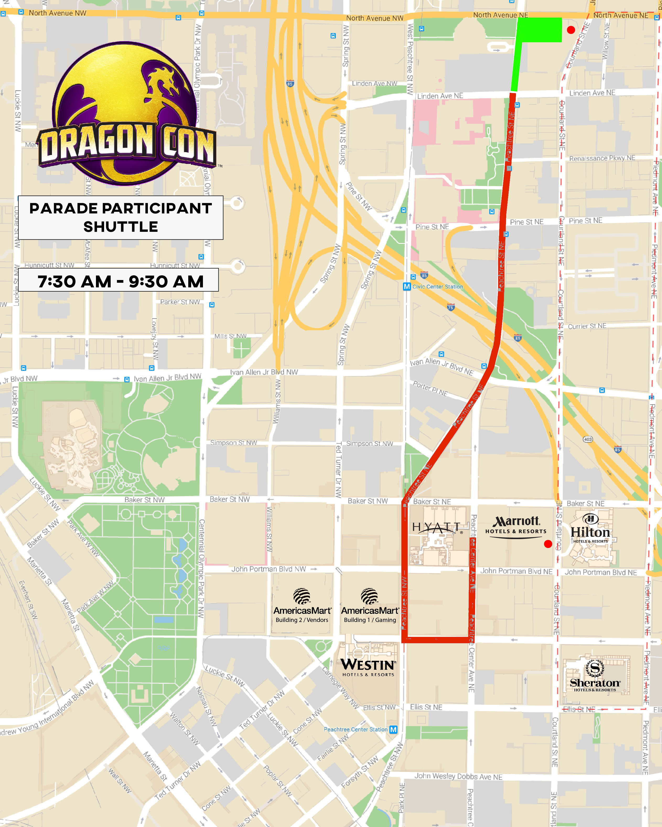2023 Parade Participate Shuttle Route with red line